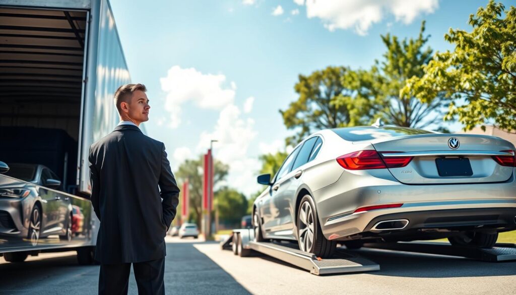 A reliable auto transport service scene in Gretna, Louisiana, showcasing the brand "Best Car Shipping Inc". In the foreground, a professionally-dressed transport specialist stands next to a sleek, modern car carrier truck, ready to load vehicles. In the middle ground, a shiny sedan is about to be carefully driven onto the transporter, emphasizing the focus on safety and professionalism. The background features a sunny day with a clear blue sky, and greenery typical of Louisiana neighborhoods. Use natural lighting to create a warm, welcoming atmosphere, capturing trust and reliability. The angle should be a balanced perspective, with a slight upward tilt to highlight the professionalism of the service.