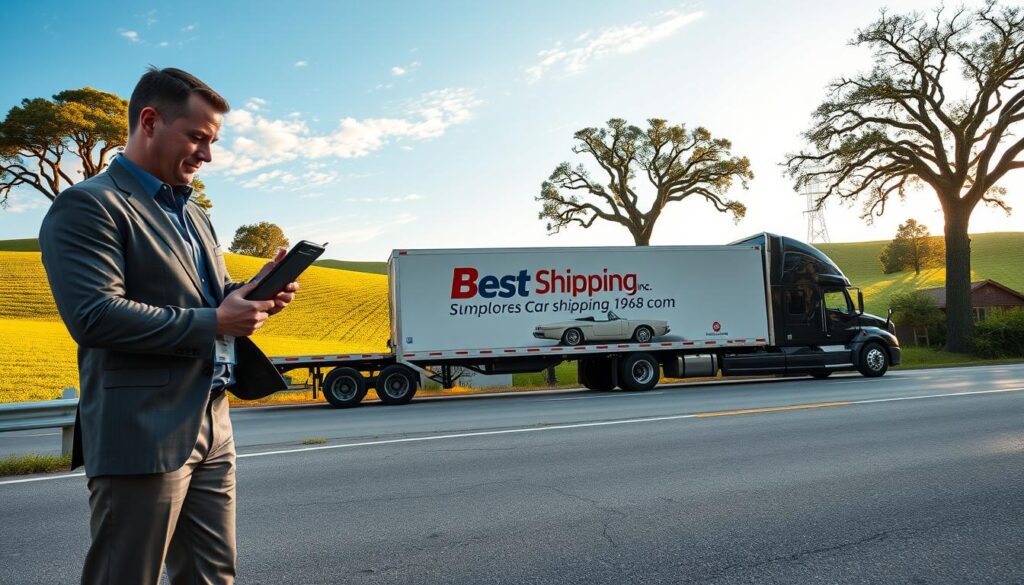 A reliable delivery scene featuring a professional auto transport truck branded with "Best Car Shipping Inc" parked near a picturesque road in Singer, Louisiana. In the foreground, a well-dressed delivery driver checks the vehicle's cargo, portraying diligence and care. In the middle ground, the sleek transport truck prominently displays the logo and is loaded with various classic cars secured safely. The background features rolling green hills and iconic Louisiana live oaks under a bright blue sky, conveying a sense of tranquility and confidence. The lighting is warm and inviting, suggesting a late afternoon glow, while the angle captures both the truck and the landscape to create a harmonious and reassuring atmosphere, highlighting the dependable service offered to local drivers. A reliable delivery scene featuring a professional auto transport truck branded with "Best Car Shipping Inc" parked near a picturesque road in Singer, Louisiana. In the foreground, a well-dressed delivery driver checks the vehicle's cargo, portraying diligence and care. In the middle ground, the sleek transport truck prominently displays the logo and is loaded with various classic cars secured safely. The background features rolling green hills and iconic Louisiana live oaks under a bright blue sky, conveying a sense of tranquility and confidence. The lighting is warm and inviting, suggesting a late afternoon glow, while the angle captures both the truck and the landscape to create a harmonious and reassuring atmosphere, highlighting the dependable service offered to local drivers.