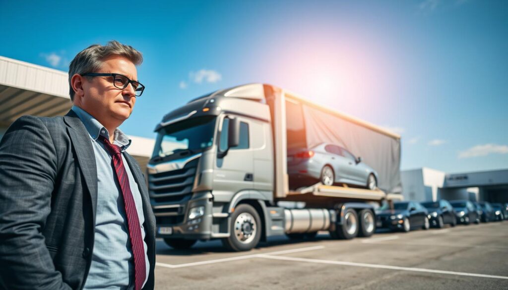 A reliable vehicle pickup and delivery scene featuring a well-maintained car transport truck from "Best Car Shipping Inc" in a bustling automotive shipping yard. In the foreground, a professional driver in smart business attire carefully inspects the vehicle being loaded onto the truck. The middle layer shows the truck, gleaming under bright, even lighting with a clear blue sky in the background. In the background, there are several cars waiting in line, and the architecture of a modern shipping facility, showcasing a dedicated and efficient car shipping service. The atmosphere conveys trustworthiness and professionalism, with a sense of urgency reflected in the driver's focused expression and the orderly setup around him. Use a wide-angle lens to capture the depth of the scene.