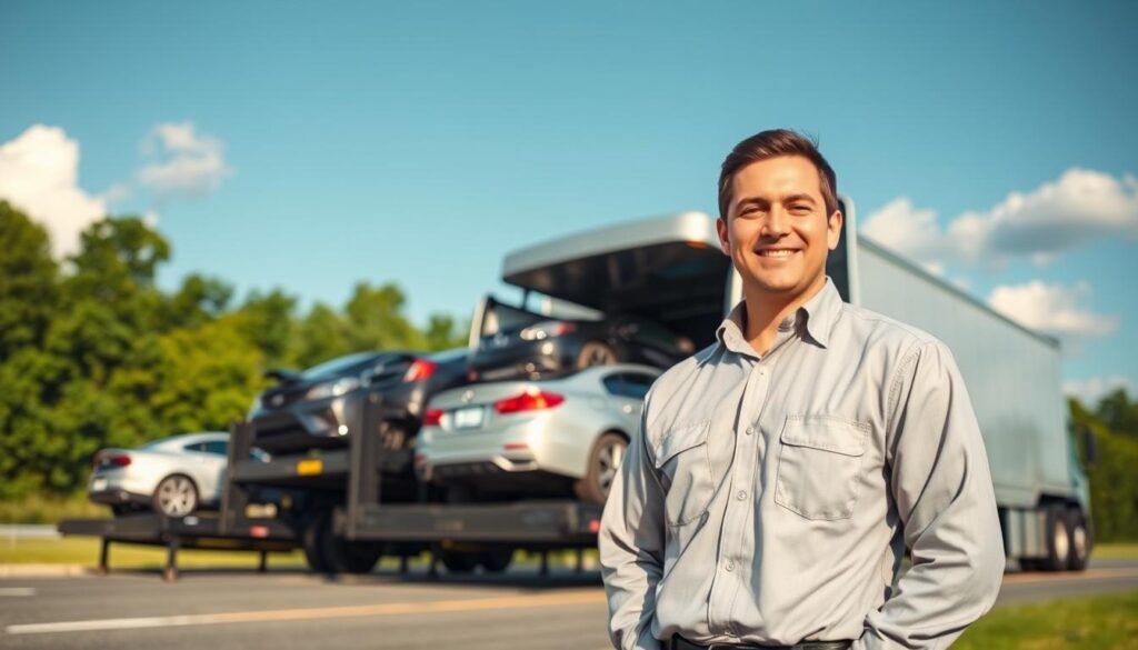 A reliable vehicle shipping scene in Columbia, Kentucky, depicting a modern car transport truck loaded with vehicles, shining in daylight. In the foreground, a professional driver in a business casual outfit stands beside the truck, smiling confidently, showcasing trust and reliability. The middle ground features the truck's name "Best Car Shipping Inc" prominently displayed, along with several carefully loaded cars, including a sedan and an SUV, securely fastened. The background reveals lush greenery typical of Kentucky, with a clear blue sky and a few fluffy clouds, conveying a serene and trustworthy atmosphere. Use soft, natural lighting to highlight the vehicles and driver, captured from a slightly low angle to emphasize the robust height of the transport truck, creating a sense of security and professionalism.
