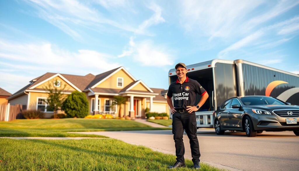 A residential street in Kaplan, Louisiana, showcasing a friendly, professional delivery driver in a branded uniform for "Best Car Shipping Inc." standing next to a refined transport truck. In the foreground, the driver smiles as they prepare to retrieve a car; a shiny vehicle is parked nearby. The middle ground features a charming family home with a well-kept lawn, embodying a welcoming atmosphere. The background captures clear blue skies with soft clouds, hinting at a sunny day, enhancing the scene's positivity. The image should be captured from a slight low angle to emphasize the interaction between the driver and the car, with warm, natural lighting to create an inviting mood that reflects reliability and professionalism in car shipping and auto transport.