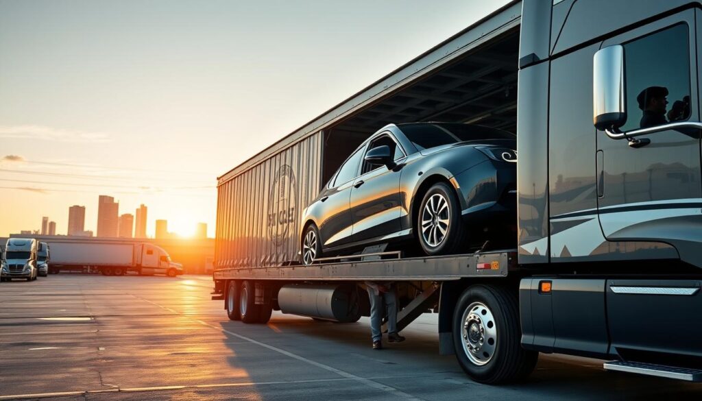 A robust transport vehicle in Bossier City, Louisiana, featuring a professional driver in business attire confidently managing the loading of a shiny, well-maintained car onto a sleek car carrier truck emblazoned with the logo "Best Car Shipping Inc." In the foreground, catch the detailed textures of the truck and car, showcasing their pristine condition. In the middle ground, depict a bustling logistics yard with soft sunlight casting warm glows, creating an atmosphere of trust and reliability. The background features the Bossier City skyline, hinting at a community dedicated to quality transport services. Use a slightly elevated angle for a dynamic view, ensuring a clean, professional atmosphere free from distractions, capturing the essence of excellence in vehicle transport.