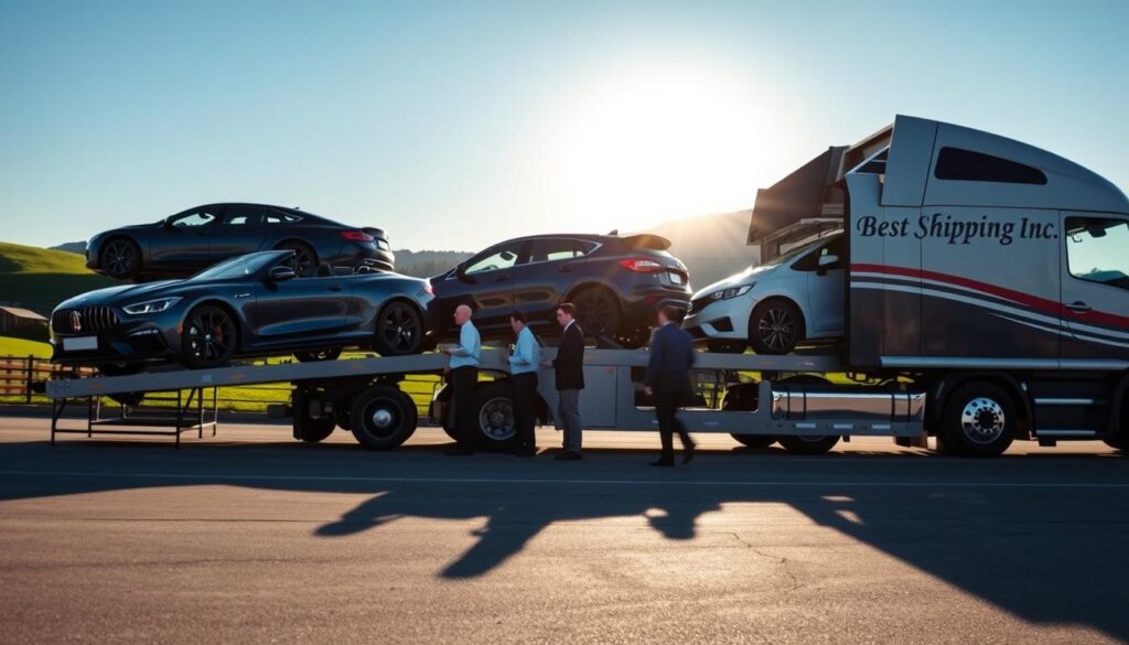 A scene depicting car shipping in Leitchfield, Kentucky, showcasing a busy auto transport yard. In the foreground, several sleek cars are loaded onto a modern car carrier truck, with the brand name "Best Car Shipping Inc" prominently displayed on the side. The middle section features workers in professional business attire actively coordinating logistics, checking paperwork, and ensuring safety. The background includes clear blue skies and green rolling hills typical of Kentucky, with the sun casting soft, warm light for a welcoming atmosphere. The perspective captures the bustle of auto transport operations, emphasizing reliability and efficiency in the car shipping industry. The overall mood is one of professionalism and trust, resonating with the essence of car shipping service in Leitchfield.