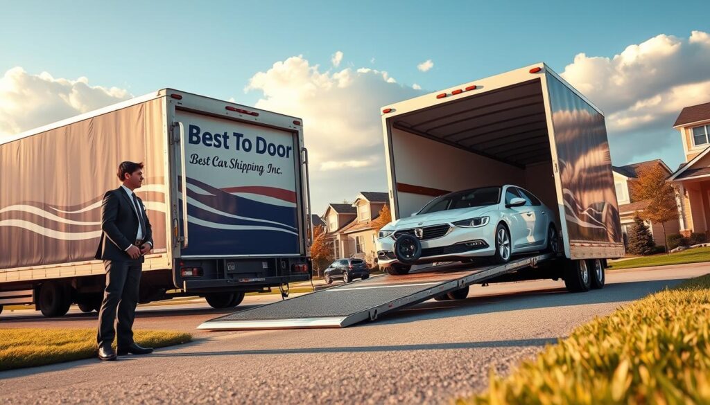 A scene depicting reliable door-to-door vehicle delivery in Hanson, Kentucky. In the foreground, a professional driver in business attire stands beside a branded delivery truck labeled "Best Car Shipping Inc," with the truck’s ramp lowered to unveil a pristine car being carefully unloaded. In the middle ground, a suburban neighborhood with well-maintained houses can be seen, with trees lining the streets, suggesting a sense of community. The background features blue skies and soft, fluffy clouds, promoting a sunny and optimistic atmosphere. The lighting is warm and inviting, as if capturing the golden hour, enhancing the trustworthiness of the delivery process. The angle is slightly tilted from a low perspective to give depth and focus on the vehicle, creating an engaging composition without any text or distractions. A scene depicting reliable door-to-door vehicle delivery in Hanson, Kentucky. In the foreground, a professional driver in business attire stands beside a branded delivery truck labeled "Best Car Shipping Inc," with the truck’s ramp lowered to unveil a pristine car being carefully unloaded. In the middle ground, a suburban neighborhood with well-maintained houses can be seen, with trees lining the streets, suggesting a sense of community. The background features blue skies and soft, fluffy clouds, promoting a sunny and optimistic atmosphere. The lighting is warm and inviting, as if capturing the golden hour, enhancing the trustworthiness of the delivery process. The angle is slightly tilted from a low perspective to give depth and focus on the vehicle, creating an engaging composition without any text or distractions.