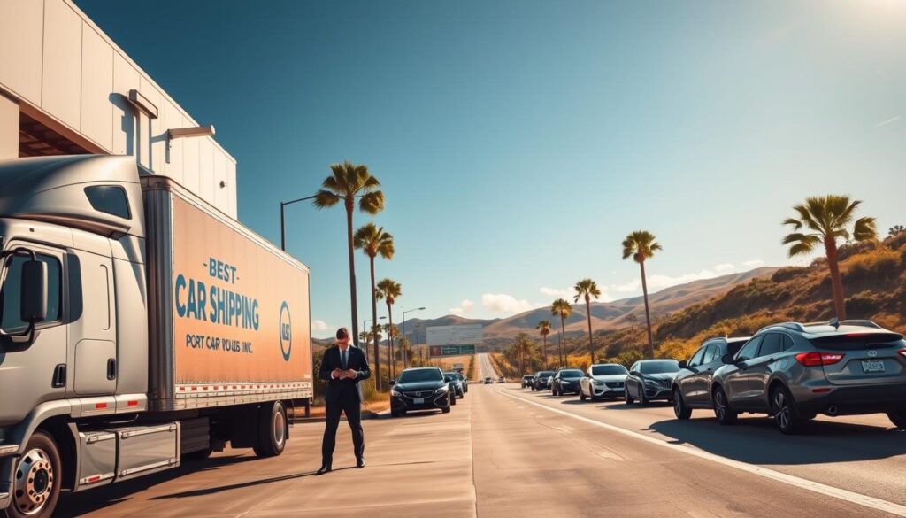 A scenic view of Port Allen, Louisiana, showcasing a busy pickup and delivery scene for car shipping. In the foreground, a sleek delivery truck branded with "Best Car Shipping Inc" parked beside a modern warehouse. Professionals in smart business attire coordinating logistics nearby, examining a clipboard. The middle ground features various vehicles ready for transport, including sedans and SUVs, alongside a well-maintained highway lined with palm trees. In the background, the picturesque landscape of West Baton Rouge Parish, with rolling hills and a clear blue sky, bathed in warm, natural sunlight. The angle captures a wide view, projecting a sense of reliability and efficiency in auto transport, evoking a positive and professional atmosphere. A scenic view of Port Allen, Louisiana, showcasing a busy pickup and delivery scene for car shipping. In the foreground, a sleek delivery truck branded with "Best Car Shipping Inc" parked beside a modern warehouse. Professionals in smart business attire coordinating logistics nearby, examining a clipboard. The middle ground features various vehicles ready for transport, including sedans and SUVs, alongside a well-maintained highway lined with palm trees. In the background, the picturesque landscape of West Baton Rouge Parish, with rolling hills and a clear blue sky, bathed in warm, natural sunlight. The angle captures a wide view, projecting a sense of reliability and efficiency in auto transport, evoking a positive and professional atmosphere.