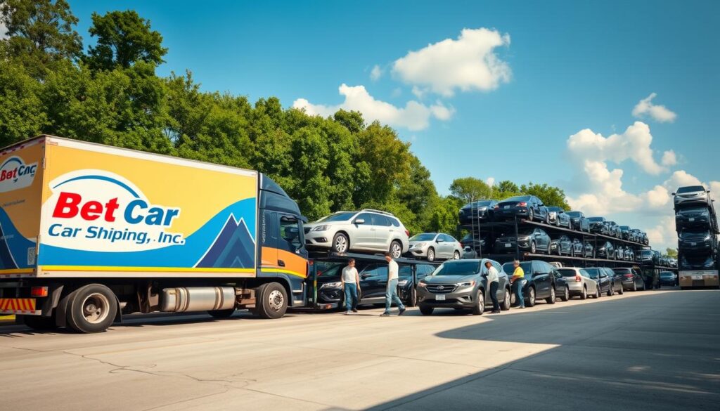 A scenic view of a bustling car shipping yard in Slidell, Louisiana, featuring a variety of cars being loaded onto a transport truck. In the foreground, highlighted is a large truck branded with "Best Car Shipping Inc," its vibrant colors standing out against a backdrop of lush greenery and a bright blue sky. In the middle ground, several workers in professional attire efficiently handle the cars, showcasing a sense of teamwork and dedication. The background features a wide angle of the shipping facility with stacked vehicles ready for transport, emphasizing the scale. Soft, natural lighting enhances the scene, capturing the busy yet orderly atmosphere of car shipping, with gentle shadows adding depth and realism. A scenic view of a bustling car shipping yard in Slidell, Louisiana, featuring a variety of cars being loaded onto a transport truck. In the foreground, highlighted is a large truck branded with "Best Car Shipping Inc," its vibrant colors standing out against a backdrop of lush greenery and a bright blue sky. In the middle ground, several workers in professional attire efficiently handle the cars, showcasing a sense of teamwork and dedication. The background features a wide angle of the shipping facility with stacked vehicles ready for transport, emphasizing the scale. Soft, natural lighting enhances the scene, capturing the busy yet orderly atmosphere of car shipping, with gentle shadows adding depth and realism.