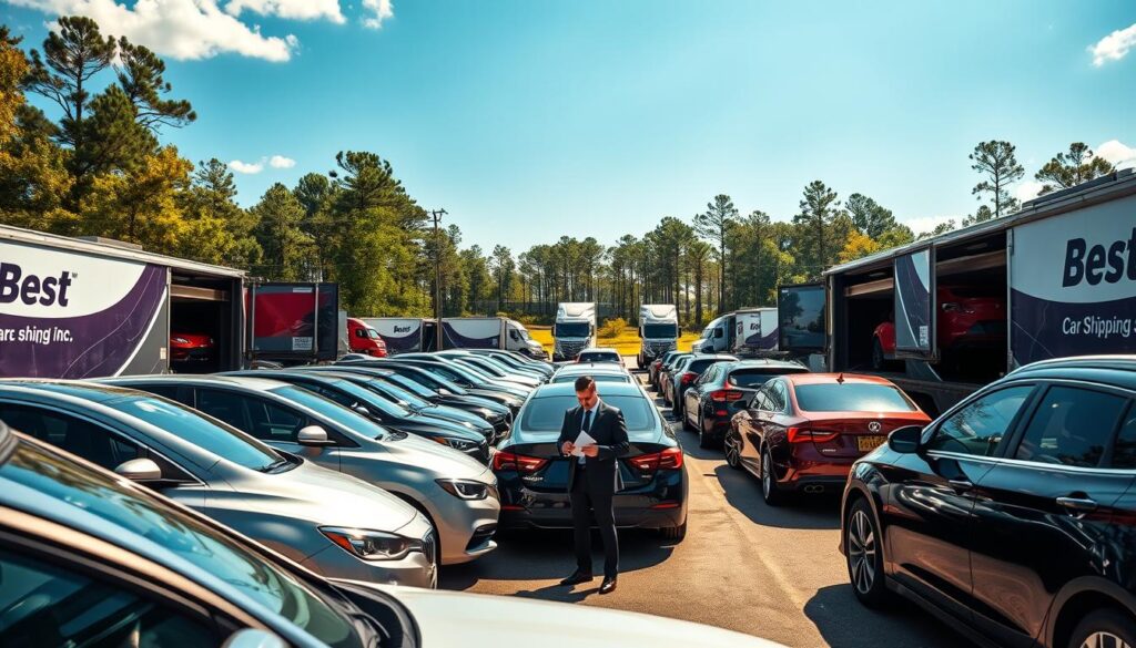 A scenic view of a busy car shipping yard in Logansport, Louisiana, showcasing a variety of vehicles ready for transport. In the foreground, several cars in different makes and models are lined up, with a professional employee in a smart business attire checking documents. The middle layer features transport trucks loading vehicles, with clear branding of "Best Car Shipping Inc." visible on the sides. In the background, a lush Louisiana landscape with tall trees and a bright blue sky can be seen, enhanced by warm, natural sunlight. The scene conveys a sense of professionalism and reliability in auto transport services, with a harmonious and organized atmosphere, captured through a wide-angle lens to encompass the entire operation.