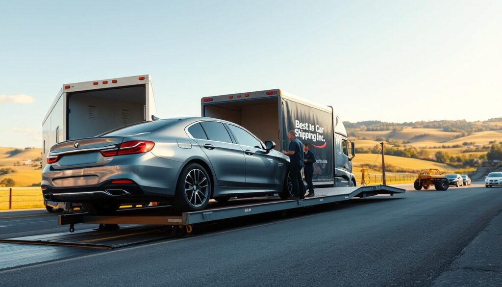 A scenic view of a car shipping and auto transport scene in London, Kentucky. In the foreground, a sleek, modern car is being loaded onto a transport truck emblazoned with the brand name "Best Car Shipping Inc." The middle ground features a bustling loading dock with workers in professional attire carefully managing the process, ensuring safety and efficiency. In the background, picturesque rolling hills and a bright blue sky represent the charm of Kentucky. The lighting is warm and inviting, casting soft shadows and highlighting the details of the vehicles and the well-maintained facility. The atmosphere conveys professionalism and trustworthiness, ideal for illustrating the concept of reliable auto transport.