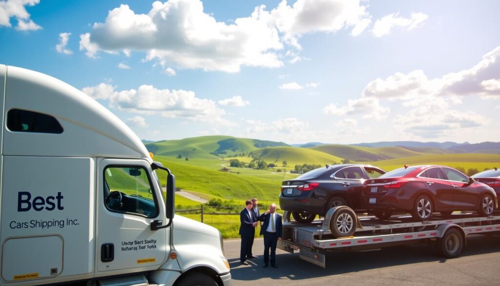 A scenic view of a car shipping dock in Hickman, Kentucky, showcasing a well-organized auto transport facility. In the foreground, a branded car carrier truck from "Best Car Shipping Inc" is parked, with shiny vehicles loaded and ready for transport. The middle ground features a small group of professional workers in business attire inspecting the vehicles, ensuring quality service and care. The background reveals rolling green hills typical of Kentucky, under a bright blue sky with soft, fluffy clouds. Soft natural lighting bathes the scene, enhancing the vibrant colors of the vehicles. The atmosphere is busy yet professional, reflecting a reliable and efficient car shipping operation in a peaceful rural setting.