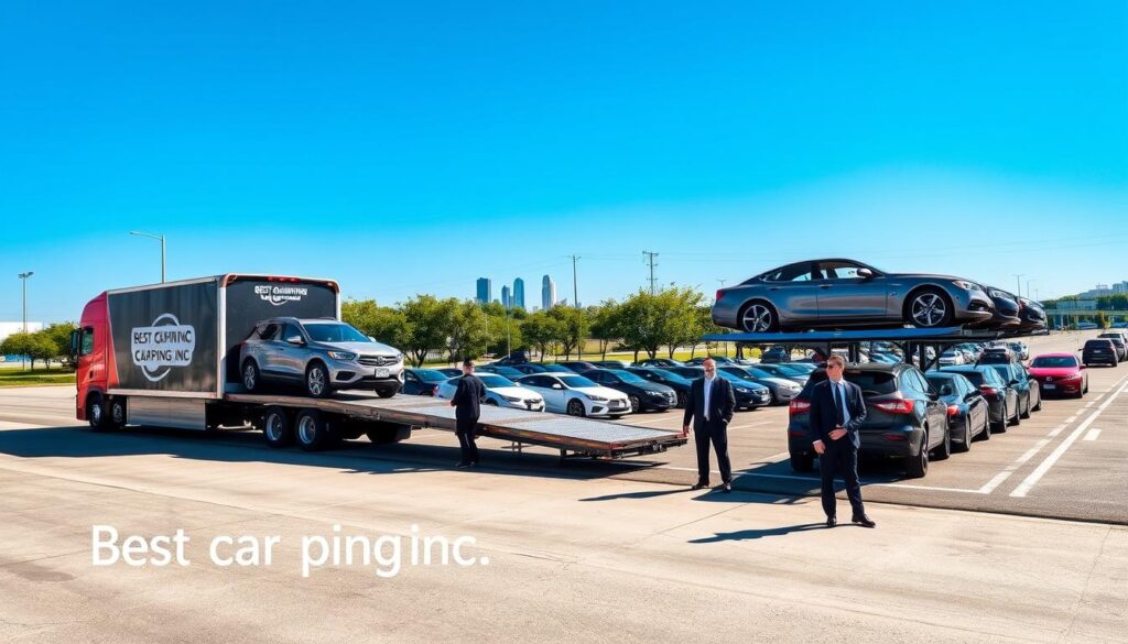 A scenic view of a car shipping terminal in Chalmette, Louisiana, under clear blue skies. In the foreground, a sleek, well-maintained transport truck from "Best Car Shipping Inc" is prominently featured, showcasing cars securely loaded in the back. The middle ground includes rows of parked vehicles, representing various makes and models, waiting for shipment. Uniformed professionals in business attire guide the process, ensuring a safe and efficient operation. In the background, a subtle silhouette of the Chalmette skyline adds local flavor, with verdant trees lining the roads. The lighting is bright and welcoming, suggesting a vibrant atmosphere of reliability and professionalism in car shipping. The image should evoke trust and efficiency in auto transport services in the area.