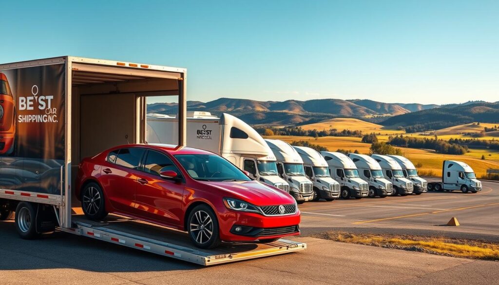 A scenic view of a car shipping terminal in Rumsey, Kentucky, showcasing a fleet of professional car transport trucks branded with “Best Car Shipping Inc”. In the foreground, focus on a shiny red car being carefully loaded onto a trailer, with a professional driver in modest business attire overseeing the process. The middle ground features several clean, well-organized car transport trucks lined up, some parked and others actively loading vehicles, highlighting the efficiency of the operation. The background reveals a picturesque rural Kentucky landscape with rolling hills and clear blue skies, bathed in warm afternoon light. The overall atmosphere conveys professionalism and reliability in auto transport services, creating a sense of trust for potential customers. A scenic view of a car shipping terminal in Rumsey, Kentucky, showcasing a fleet of professional car transport trucks branded with “Best Car Shipping Inc”. In the foreground, focus on a shiny red car being carefully loaded onto a trailer, with a professional driver in modest business attire overseeing the process. The middle ground features several clean, well-organized car transport trucks lined up, some parked and others actively loading vehicles, highlighting the efficiency of the operation. The background reveals a picturesque rural Kentucky landscape with rolling hills and clear blue skies, bathed in warm afternoon light. The overall atmosphere conveys professionalism and reliability in auto transport services, creating a sense of trust for potential customers.