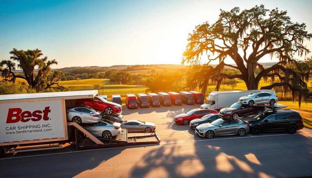 A scenic view of a professional car shipping operation in Des Allemands, Louisiana. In the foreground, a sturdy car transport truck, branded with "Best Car Shipping Inc," is loading pristine vehicles, showcasing a diverse range of cars in various colors, gleaming under soft afternoon sunlight. The middle ground features an organized shipping yard with additional trucks parked, surrounded by greenery typical of Louisiana landscapes, including live oaks draped in Spanish moss. In the background, the rolling hills and a clear blue sky create an inviting atmosphere. The lighting is warm and natural, evoking a sense of professionalism and reliability in auto transport. The scene captures both the industrious nature of car shipping and the charm of the local environment. A scenic view of a professional car shipping operation in Des Allemands, Louisiana. In the foreground, a sturdy car transport truck, branded with "Best Car Shipping Inc," is loading pristine vehicles, showcasing a diverse range of cars in various colors, gleaming under soft afternoon sunlight. The middle ground features an organized shipping yard with additional trucks parked, surrounded by greenery typical of Louisiana landscapes, including live oaks draped in Spanish moss. In the background, the rolling hills and a clear blue sky create an inviting atmosphere. The lighting is warm and natural, evoking a sense of professionalism and reliability in auto transport. The scene captures both the industrious nature of car shipping and the charm of the local environment.