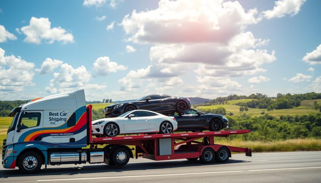 A scenic view of a professional car shipping operation in Versailles, Kentucky, featuring a transport truck loaded with luxurious vehicles. In the foreground, focus on the truck with vibrant colors and clear branding that reads "Best Car Shipping Inc" on its side. The middle layer includes well-maintained cars of different makes and models, showcasing their polished surfaces. In the background, depict a picturesque landscape of rolling hills and trees typical of Kentucky, under a bright blue sky with fluffy white clouds. Use natural lighting to give a warm atmosphere, and capture the scene from a slightly elevated angle to emphasize the scale and professionalism of the car transport service. The overall mood should convey reliability and expertise in auto transport.