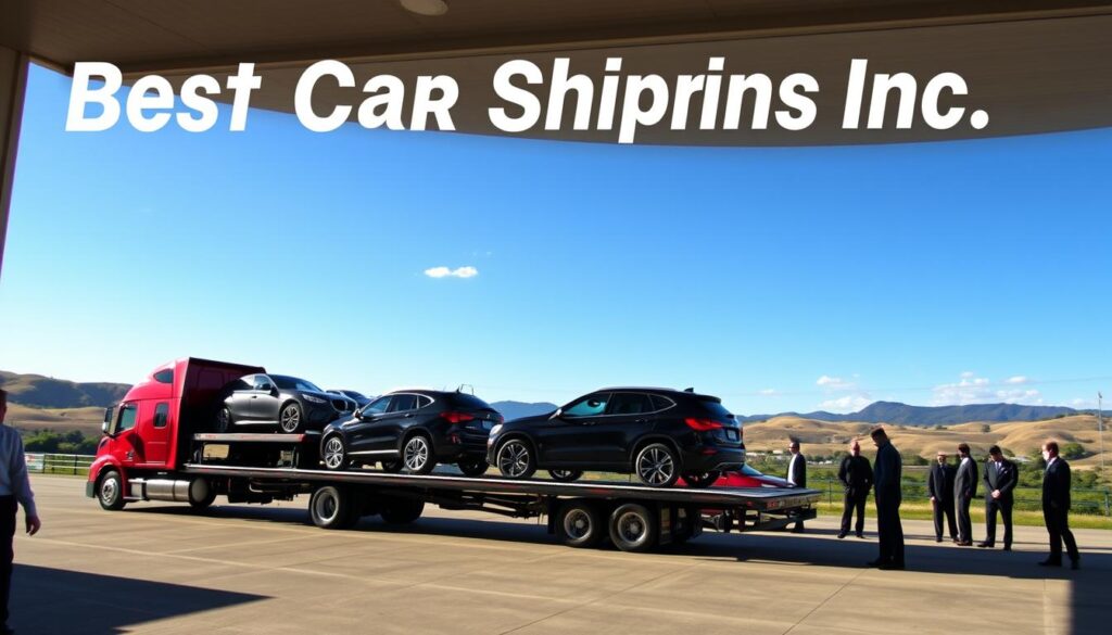 A scenic view of a trusted vehicle shipping service in Crab Orchard, Kentucky, showcasing "Best Car Shipping Inc." in a modern, professional setting. In the foreground, a sleek car carrier truck, loaded with a variety of well-maintained vehicles, is parked at a clean and organized shipping facility. In the middle ground, employees in professional attire are attentively inspecting vehicles and managing logistics, conveying a sense of trust and reliability. The background features a picturesque Kentucky landscape with rolling hills and a clear blue sky. The image is bathed in warm, natural sunlight, creating an inviting atmosphere, captured with a wide-angle lens to emphasize the bustling activity and professionalism of the service. The overall mood is one of safety, professionalism, and community trust.
