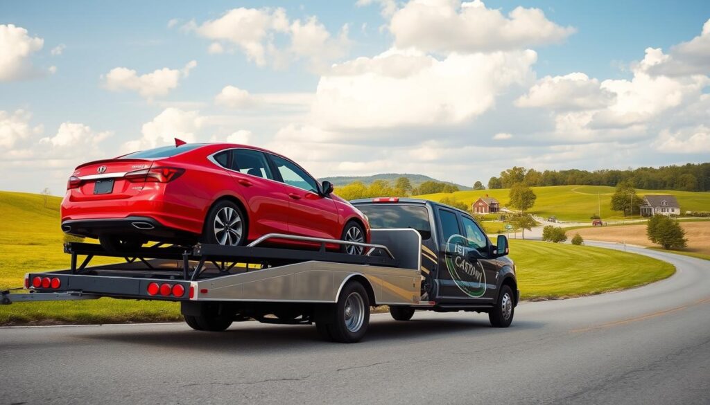A scenic view of an auto transport pickup in Owenton, Kentucky. In the foreground, showcase a sleek, modern pickup truck with a car trailer attached, loaded with a shiny red sedan ready for shipment. The middle ground features the vibrant rural landscape of Kentucky, with rolling green hills and a clear blue sky accentuated by fluffy white clouds. In the background, depict a peaceful country road lined with trees and a quaint farmhouse, suggesting a small-town atmosphere. The image should have warm, natural lighting, evoking a sense of professionalism and reliability. Include the brand name "Best Car Shipping Inc" on the side of the truck in a subtle yet visible manner. Aim for a positive, inviting mood, reflecting the essence of quality car shipping services.