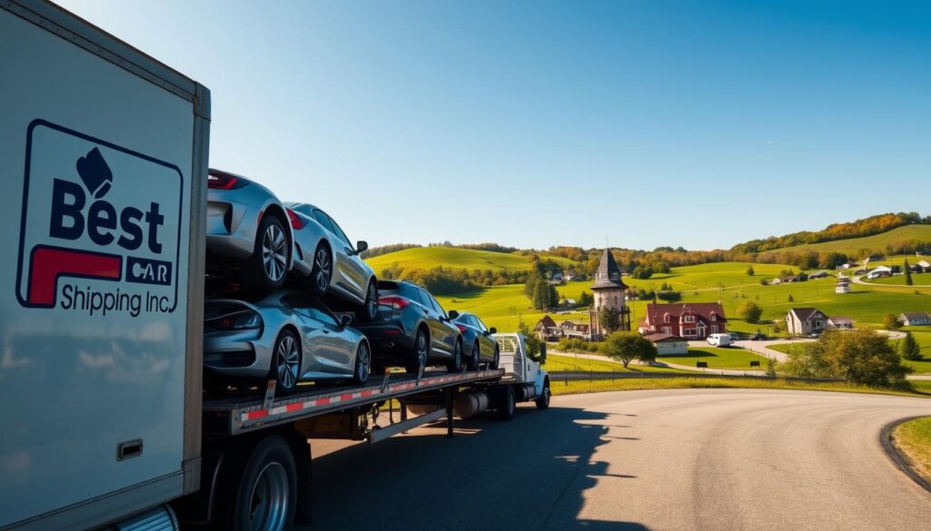 A scenic view of car shipping and auto transport in Vanceburg, Kentucky, showcasing a truck loaded with pristine vehicles ready for transport. In the foreground, the "Best Car Shipping Inc" logo is prominently displayed on the side of the truck. The middle ground features a vibrant green landscape typical of Kentucky, dotted with rolling hills and a clear blue sky, conveying a sense of reliability and trust. In the background, the small town of Vanceburg can be seen, with charming buildings and lush trees. The lighting is warm and bright, suggesting a sunny day, enhancing the inviting atmosphere. A slightly low angle captures the scale of the truck against the serene backdrop, emphasizing professionalism and efficiency. A scenic view of car shipping and auto transport in Vanceburg, Kentucky, showcasing a truck loaded with pristine vehicles ready for transport. In the foreground, the "Best Car Shipping Inc" logo is prominently displayed on the side of the truck. The middle ground features a vibrant green landscape typical of Kentucky, dotted with rolling hills and a clear blue sky, conveying a sense of reliability and trust. In the background, the small town of Vanceburg can be seen, with charming buildings and lush trees. The lighting is warm and bright, suggesting a sunny day, enhancing the inviting atmosphere. A slightly low angle captures the scale of the truck against the serene backdrop, emphasizing professionalism and efficiency.