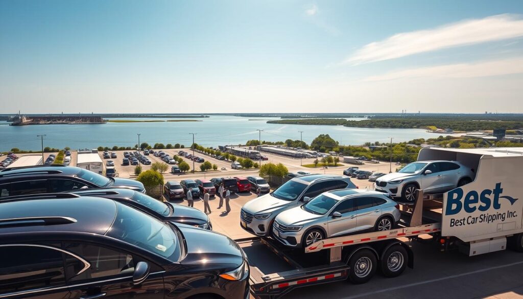 A scenic view of car shipping operations at Lake Charles, Louisiana. In the foreground, several shiny vehicles loaded on a large professional car transport truck, showcasing various models and colors. The middle ground features a bustling transport yard with workers in professional attire handling paperwork and coordinating logistics. In the background, the serene waters of Lake Charles reflect the blue sky, surrounded by lush greenery and distant industrial structures. The lighting is bright and sunny, creating a vibrant atmosphere, while the camera angle is slightly elevated to capture the expansive scene. Include the brand name "Best Car Shipping Inc" subtly on the side of the transport truck. The overall mood is professional, efficient, and vibrant, perfectly illustrating the subject of car shipping and auto transport in Lake Arthur, Louisiana. A scenic view of car shipping operations at Lake Charles, Louisiana. In the foreground, several shiny vehicles loaded on a large professional car transport truck, showcasing various models and colors. The middle ground features a bustling transport yard with workers in professional attire handling paperwork and coordinating logistics. In the background, the serene waters of Lake Charles reflect the blue sky, surrounded by lush greenery and distant industrial structures. The lighting is bright and sunny, creating a vibrant atmosphere, while the camera angle is slightly elevated to capture the expansive scene. Include the brand name "Best Car Shipping Inc" subtly on the side of the transport truck. The overall mood is professional, efficient, and vibrant, perfectly illustrating the subject of car shipping and auto transport in Lake Arthur, Louisiana.