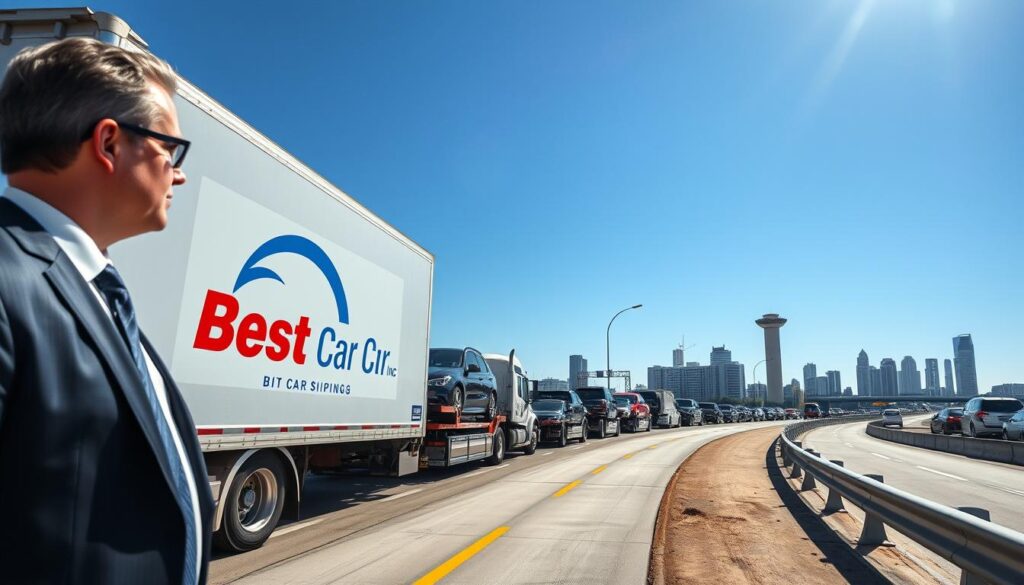 A scenic view of the Baton Rouge corridor, capturing a bustling highway scene that highlights efficient car shipping routes. In the foreground, a professionally dressed business person stands beside a sleek transport vehicle with the logo "Best Car Shipping Inc" prominently displayed. The middle ground features lined-up transport trucks, each loaded with various vehicles, showcasing the car shipping process. The background includes recognizable landmarks of Baton Rouge, with a clear blue sky and bright sunlight, suggesting a warm, sunny day. The image should have a slight upward angle to convey the vastness of the corridor, creating an atmosphere of opportunity and professionalism that aligns with the business of auto transport.