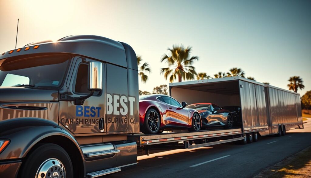 A secure vehicle shipping scene with a focus on a sleek, professionally branded truck from "Best Car Shipping Inc" in the foreground, showcasing its robust transport design. In the middle, several luxury cars are carefully loaded onto an enclosed trailer, reflecting both safety and precision, with a vibrant sheen on their surfaces. The background features a sunny Larose, Louisiana landscape, with palm trees gently swaying, under a bright blue sky. Soft sunlight casts a warm glow over the scene, creating a sense of trust and reliability. The angle captures the attention to detail in the truck's features and the meticulous arrangement of the vehicles, evoking a sense of professionalism in auto transport services.