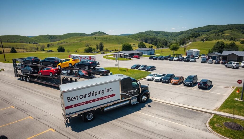 A serene and bustling scene showcasing car shipping in Russell Springs, Kentucky. In the foreground, a sleek transport truck branded with "Best Car Shipping Inc" is loaded with colorful cars, demonstrating a professional and efficient auto transport service. In the middle ground, an expansive parking lot dotted with a variety of vehicles reflects the sense of a thriving shipping hub. The background features the quaint Appalachian landscape, with rolling green hills and a clear blue sky, highlighting the charm of Russell Springs. Bright, natural lighting accents the scene, while a slight aerial perspective captures the action from above, emphasizing both the vehicles and the landscape. The mood is hardworking yet peaceful, encapsulating the essence of car shipping in this serene Kentucky town.