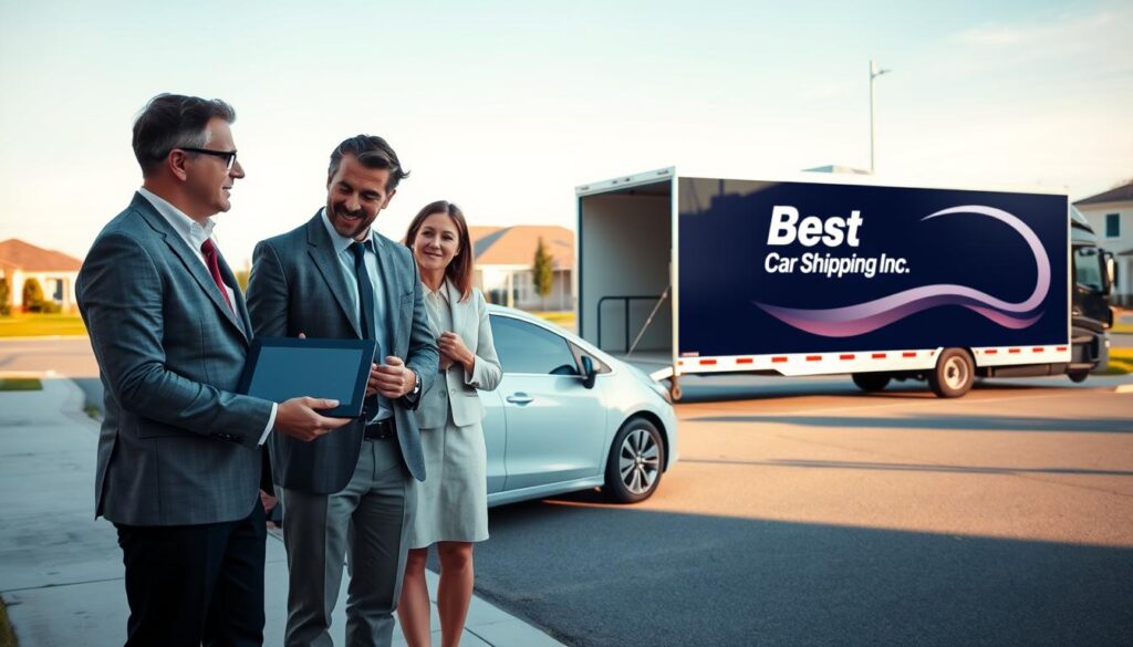 A serene and organized scene depicting a decision-making moment for vehicle transport, focusing on a family standing by a newly purchased car outside a modern dealership. In the foreground, the family—dressed in professional business attire—discuss their options, with a tablet displaying transport logistics. In the middle ground, a sleek transport truck branded with "Best Car Shipping Inc" is parked nearby, showcasing its secure trailer designed for car delivery. The background features gentle suburban streets and a clear blue sky. Soft, natural lighting casts gentle shadows, enhancing the mood of contemplation and safety. The angle captures the family's expressions of thoughtfulness as they evaluate the safest way to get their vehicle home.
