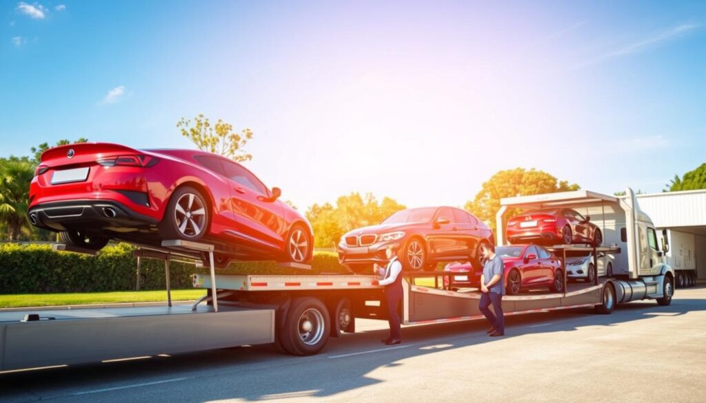 A serene and professional scene capturing the essence of car shipping services in a bustling Springhill, Louisiana setting. In the foreground, a sleek car carrier truck is parked, showcasing several brightly colored vehicles securely loaded, representing the reliable transport service of Best Car Shipping Inc. In the middle ground, a team of two individuals, dressed in professional business attire, are inspecting the vehicle, emphasizing trust and attention to detail. The background features a well-maintained transport yard with lush greenery and a clear blue sky, hinting at a sunny day. Soft natural lighting illuminates the scene, creating a welcoming and efficient atmosphere. The composition should evoke a sense of reliability and professionalism in auto transport services, ideal for the article section titled "Trusted Car Shipping Services in Springhill, LA."