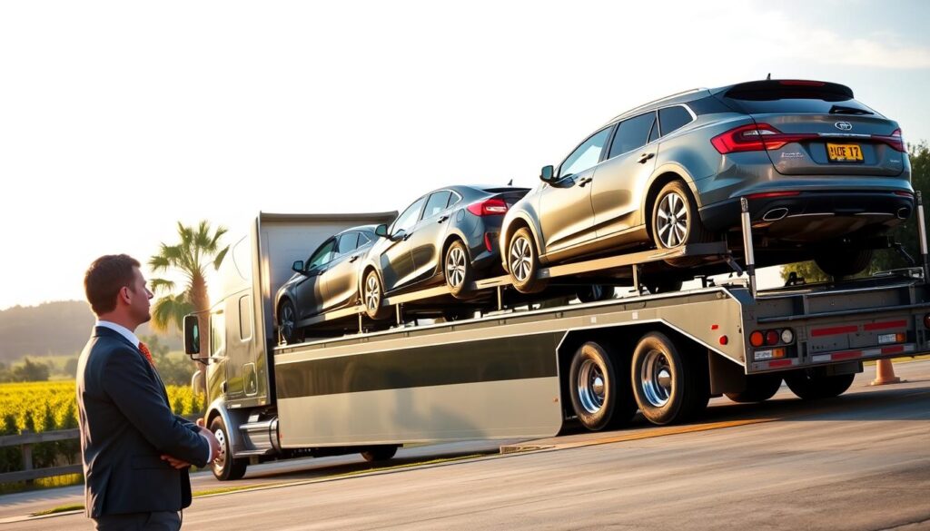 A serene and trustworthy scene depicting auto transport services, showcasing a modern car carrier truck labeled "Best Car Shipping Inc" at a scenic loading dock in Marksville, Louisiana. In the foreground, a professional-looking driver in business attire checks the secure loading of vehicles, exuding confidence and reliability. The middle ground features well-maintained cars carefully secured on the carrier, gleaming under soft, natural daylight that highlights the trustworthiness of the service. In the background, the lush greenery of Marksville’s landscape provides a calming atmosphere, while the gentle blue sky enhances the feeling of peace. The overall mood is one of assurance and professionalism, inviting viewers to feel assured in their auto transport choices.