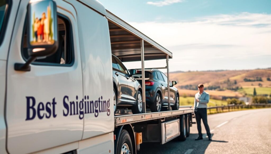 A serene auto transport scene in Lancaster, Kentucky, showcasing a well-maintained car carrier truck in the foreground, emblazoned with the brand name "Best Car Shipping Inc." The truck should be parked in a safe and clean environment, with a gleaming sedan being carefully loaded. In the middle ground, include a friendly professional in business attire assisting with the loading process, exuding trust and expertise. The background features the picturesque Lancaster landscape with rolling hills and a clear blue sky, emphasizing reliability and service. Soft, natural lighting enhances the scene, creating a warm and inviting atmosphere. Use a slightly elevated angle to capture the action and details, focusing on professionalism and reliability in auto transport services.
