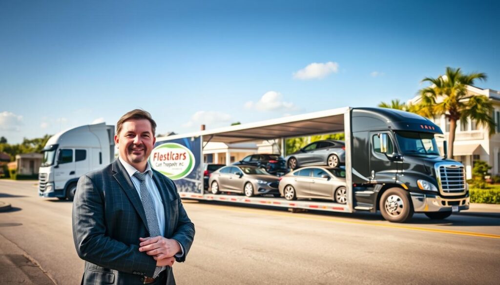 A serene, bustling scene showcasing a trusted auto transport network in Chataignier, Louisiana. In the foreground, a professional representative from Best Car Shipping Inc. stands confidently next to a sleek, confidently branded transport truck, wearing smart business attire. The middle ground features various cars being carefully loaded onto the truck, demonstrating the reliable car shipping process. The background reveals a sunny day in Chataignier, with picturesque southern architecture and greenery, symbolizing local roots. Soft, warm lighting enhances the atmosphere, creating a sense of trust and professionalism. A standard wide-angle lens captures the entire scene, making it inviting and reassuring without any text or distractions.
