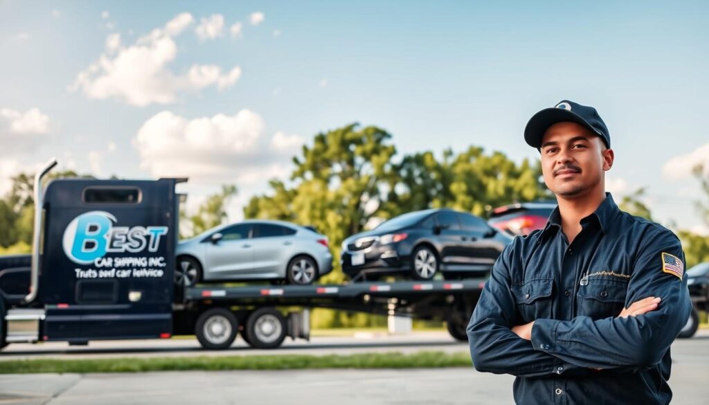 A serene daytime scene showcasing trusted vehicle transport services in Mamou, Louisiana. Foreground: a professional driver in a navy uniform and cap stands confidently beside a sleek transport truck with the brand name "Best Car Shipping Inc" prominently displayed. Middle ground: the transport truck is loaded with a variety of vehicles, including sedans and SUVs, secured on a well-maintained trailer. Background: a bright blue sky with a few fluffy clouds above the lush green trees typical of Louisiana's landscape. Soft natural lighting enhances the scene's professionalism and trustworthiness. The mood is reassuring and dependable, capturing the essence of expert car shipping and auto transport services. The angle is slightly elevated, offering a comprehensive view of the transport setup, emphasizing efficiency and care in vehicle shipping. A serene daytime scene showcasing trusted vehicle transport services in Mamou, Louisiana. Foreground: a professional driver in a navy uniform and cap stands confidently beside a sleek transport truck with the brand name "Best Car Shipping Inc" prominently displayed. Middle ground: the transport truck is loaded with a variety of vehicles, including sedans and SUVs, secured on a well-maintained trailer. Background: a bright blue sky with a few fluffy clouds above the lush green trees typical of Louisiana's landscape. Soft natural lighting enhances the scene's professionalism and trustworthiness. The mood is reassuring and dependable, capturing the essence of expert car shipping and auto transport services. The angle is slightly elevated, offering a comprehensive view of the transport setup, emphasizing efficiency and care in vehicle shipping.