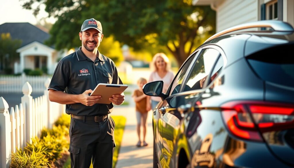 A serene residential street in Luling, Louisiana, featuring a cheerful family eagerly receiving their car delivery at their doorstep. In the foreground, a professional delivery driver, wearing a branded uniform from "Best Car Shipping Inc", stands by a shiny, newly delivered vehicle, holding a clipboard. The middle ground captures the family's joyful expressions as they inspect the car, set against a charming suburban backdrop with white picket fences and lush greenery. In the background, warm sunlight envelopes the scene, creating an inviting atmosphere, with a soft focus on distant houses. The image uses natural light to enhance the lively colors, emphasizing the reliability and professionalism of the car shipping service, showcasing a sense of trust and satisfaction in the door-to-door delivery process.