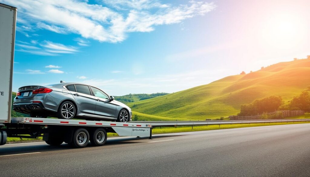 A serene scene depicting a professional auto transport service in Hazard, Kentucky. In the foreground, a sleek, modern car is carefully loaded onto a well-maintained transport truck emblazoned with "Best Car Shipping Inc" on its side. In the middle ground, the truck is parked on a smooth asphalt surface, surrounded by lush greenery and rolling hills characteristic of the Kentucky landscape. The background features a clear blue sky with soft, warm sunlight illuminating the scene, creating a welcoming atmosphere. A slight depth of field effect draws focus to the truck and car, emphasizing reliability and professionalism. The image should evoke a sense of trust and dependability associated with quality auto transport services.