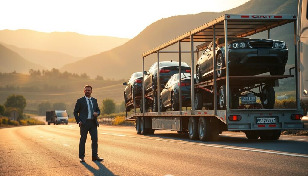 A serene scene depicting car shipping and auto transport in Pikeville, Kentucky. In the foreground, feature a professional representative from Best Car Shipping Inc, dressed in business attire, interacting with a customer beside a well-maintained car carrier trailer loaded with various vehicles. The middle ground showcases the trailer parked on a scenic, rural road, surrounded by the rolling hills of Kentucky, dotted with green trees and rugged mountains in the distance. In the background, the sky is painted in a warm golden hue, suggesting either dawn or dusk, creating a welcoming and reliable atmosphere. The lighting is soft and natural, with a slight lens flare to enhance the inviting mood. The composition should feel spacious and organized, embodying the essence of trustworthy car shipping and transport services.