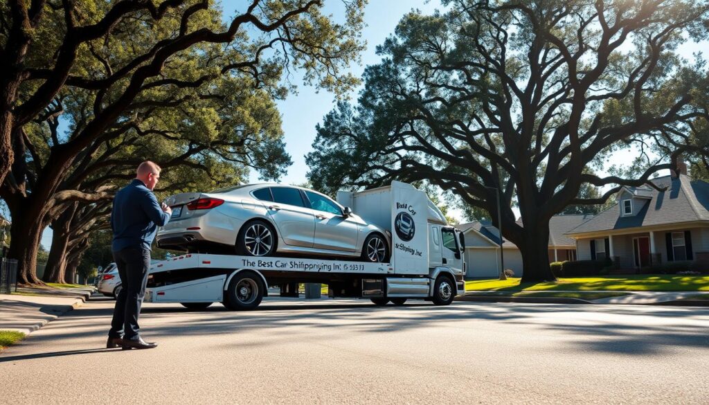 A serene scene depicting the delivery of vehicles in the heart of Youngsville, Louisiana. In the foreground, a professional delivery driver in smart casual attire carefully inspects a sleek, shiny car as it arrives on a specialized transport truck, branded with "Best Car Shipping Inc." The middle ground features the truck parked on a quiet street lined with picturesque oak trees, creating a peaceful atmosphere. The background showcases a charming neighborhood with modest homes and blue skies. Gentle sunlight filters through the leaves, casting dappled shadows, evoking a sense of trust and reliability. Capture the mood of tranquility and professionalism during this crucial moment of car shipping and auto transport. Use a slightly elevated angle to frame the scene effectively, highlighting the interaction between the driver and the vehicle.