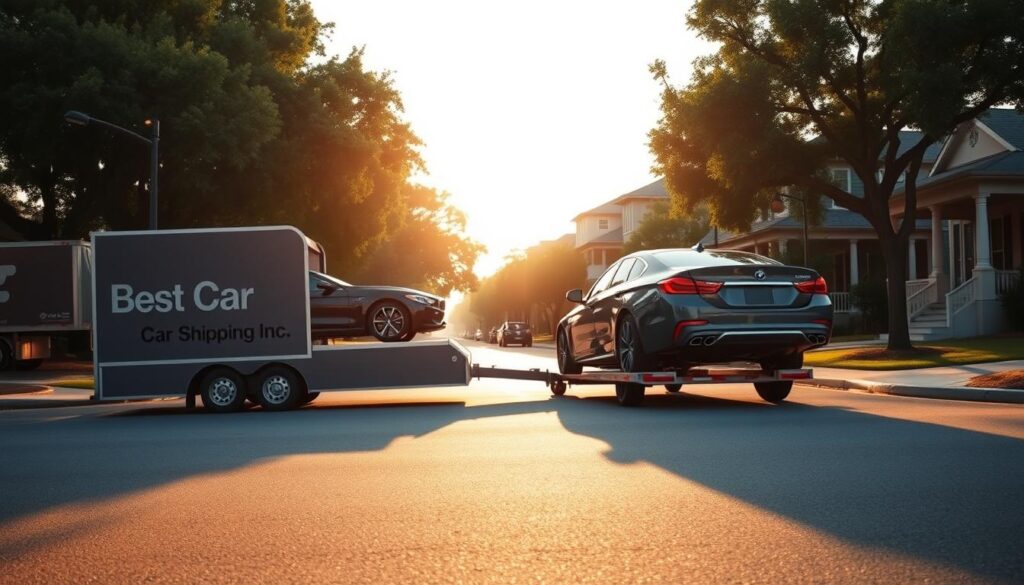 A serene scene depicting vehicle transport in Moss Bluff, Louisiana. In the foreground, a sleek car is gently loaded onto a modern transport truck branded with "Best Car Shipping Inc", showcasing the efficiency of auto transport. The middle ground features the transport vehicle parked on a neat, tree-lined street, with houses typical of Louisiana in the background, characterized by vibrant colors and southern architecture. The scene is bathed in warm, golden light of early morning, casting soft shadows that add depth. Use a wide-angle lens to capture the entire setting with a slight upward angle, enhancing the sense of scale and reliability. The mood is calm and professional, highlighting the trustworthiness of car shipping services in the region.