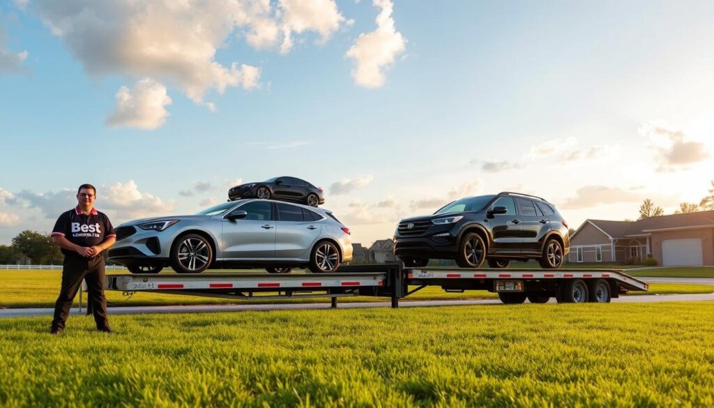 A serene scene of auto transport pickup delivery in Church Point, Louisiana, featuring a vibrant blue sky and soft, fluffy clouds above. In the foreground, a professional driver in a branded uniform for "Best Car Shipping Inc" stands beside an open trailer truck, securely loaded with various vehicles, including a stylish sedan and a rugged SUV. The middle ground showcases a well-maintained landscape with lush green grass and a few trees, hinting at the rural charm of Church Point. In the background, a distant view of a tranquil neighborhood with charming homes enhances the setting. The lighting is warm and inviting, suggesting early morning or late afternoon, creating a sense of reliability and professionalism in the auto transport industry. Capture the mood of efficient service and community trust.