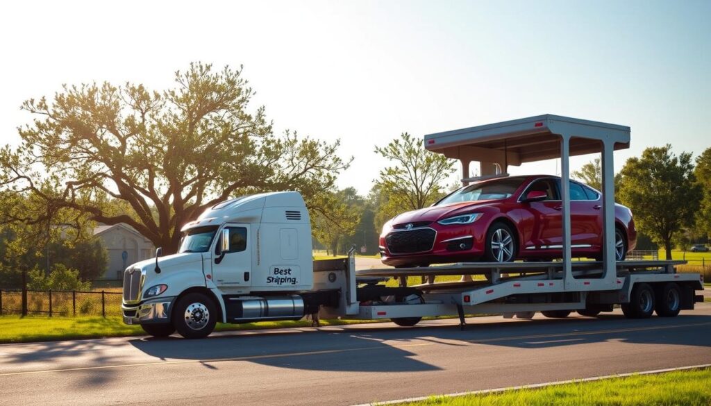 A serene scene of car shipping in Stonewall, Louisiana, showcasing a well-organized car transport operation. In the foreground, a white transport truck marked with "Best Car Shipping Inc" is loading a shiny red sedan onto its trailer, demonstrating professionalism and care. The middle ground features a lightly tree-lined road typical of Louisiana, with soft, warm sunlight filtering through the leaves, creating a welcoming atmosphere. In the background, subtle hints of the local scenery with lush greenery and a clear blue sky, signifying tranquility and peace of mind associated with car shipping services. The composition captures a sense of reliability and efficiency, shot from a slightly elevated angle to provide depth and context, enhanced by natural ambient lighting. A serene scene of car shipping in Stonewall, Louisiana, showcasing a well-organized car transport operation. In the foreground, a white transport truck marked with "Best Car Shipping Inc" is loading a shiny red sedan onto its trailer, demonstrating professionalism and care. The middle ground features a lightly tree-lined road typical of Louisiana, with soft, warm sunlight filtering through the leaves, creating a welcoming atmosphere. In the background, subtle hints of the local scenery with lush greenery and a clear blue sky, signifying tranquility and peace of mind associated with car shipping services. The composition captures a sense of reliability and efficiency, shot from a slightly elevated angle to provide depth and context, enhanced by natural ambient lighting.