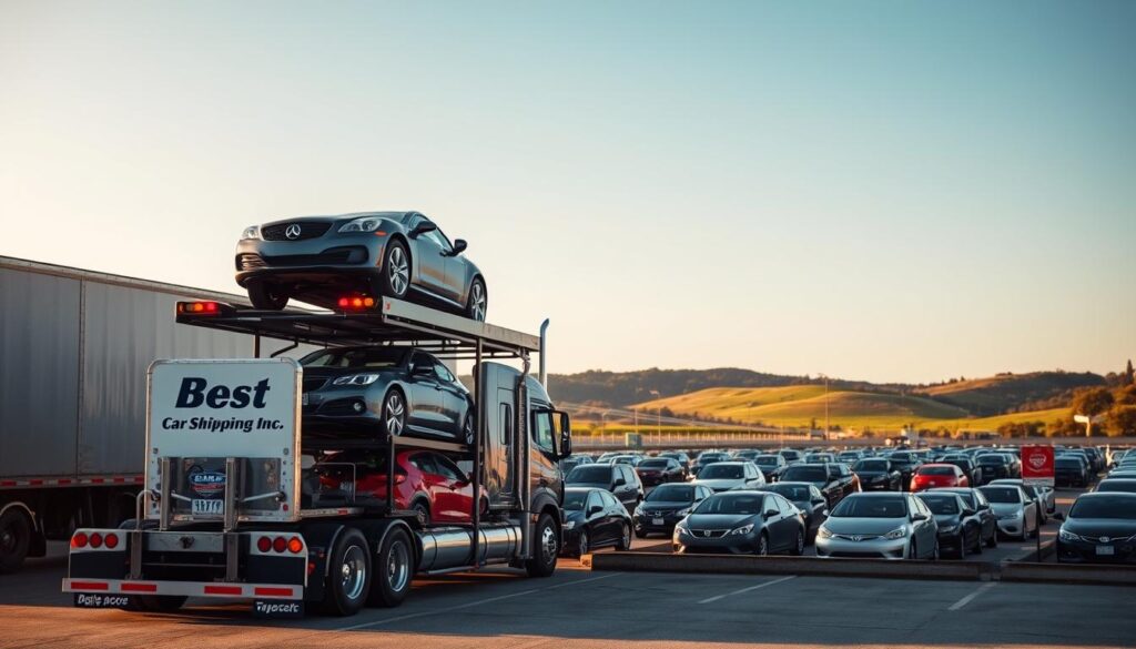 A serene scene showcasing car shipping and auto transport in Basile, Louisiana, focusing on a well-organized auto transport facility. In the foreground, a shiny transport truck loaded with various cars stands ready for shipment, showcasing the brand "Best Car Shipping Inc" prominently on its side. The middle ground features a busy lot with cars awaiting transport, each vehicle individually visible and positioned neatly. The backdrop reveals a lush Louisiana landscape, complete with gentle hills and a clear blue sky, evoking a sense of tranquility. Soft, natural lighting bathes the scene, emphasizing the professionalism of the auto transport industry. The atmosphere is efficient yet welcoming, reflecting the expertise in car shipping services available in the area.