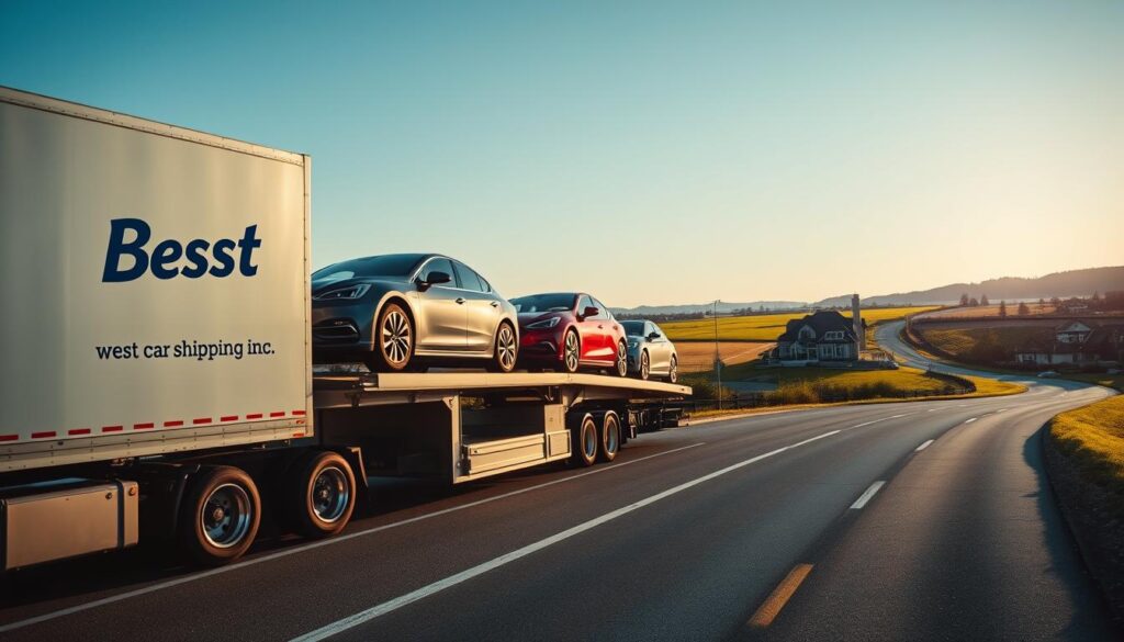 A serene scene showcasing the logistics of auto transport in Nicholasville, Kentucky. In the foreground, a well-maintained car carrier truck with the brand name "Best Car Shipping Inc" prominently displayed, loaded with several shiny cars in various colors, symbolizing safe transport. The middle ground features a bright, clear blue sky, and a hint of Nicholasville's countryside with lush green fields and distant hills under soft sunlight. The background includes a view of modern suburban homes and a winding road, emphasizing the local landscape. The atmosphere is professional and efficient, capturing the essence of expert car shipping services. The scene is well-lit, with a warm, inviting glow, showcasing a perfect day for car transport, shot with a slight upward angle to convey perspective and focus on the truck and its load. A serene scene showcasing the logistics of auto transport in Nicholasville, Kentucky. In the foreground, a well-maintained car carrier truck with the brand name "Best Car Shipping Inc" prominently displayed, loaded with several shiny cars in various colors, symbolizing safe transport. The middle ground features a bright, clear blue sky, and a hint of Nicholasville's countryside with lush green fields and distant hills under soft sunlight. The background includes a view of modern suburban homes and a winding road, emphasizing the local landscape. The atmosphere is professional and efficient, capturing the essence of expert car shipping services. The scene is well-lit, with a warm, inviting glow, showcasing a perfect day for car transport, shot with a slight upward angle to convey perspective and focus on the truck and its load.