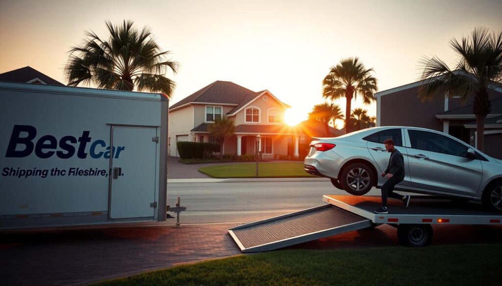 A serene suburban street in Harvey, Louisiana, during golden hour, showcasing a reliable car shipping scenario. In the foreground, a modern, friendly delivery truck from "Best Car Shipping Inc" is parked on a driveway, with a professional wearing smart casual clothing loading a car onto the truck’s platform. In the middle ground, two houses with well-maintained lawns provide a typical neighborhood backdrop, while nearby palm trees sway gently in the warm evening breeze. The soft, warm lighting enhances the inviting atmosphere, capturing the essence of door-to-door vehicle transport options. The angle is slightly elevated, providing a broader view of the scene, emphasizing the professionalism and care in the auto transport service. The image reflects trust, reliability, and community engagement in vehicle shipping.