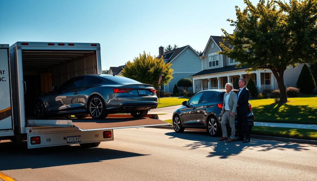 A serene suburban street in Morgantown, Kentucky, featuring a professional driver from Best Car Shipping Inc delivering a sleek, shiny car to a residential home. In the foreground, the delivery truck is parked, revealing the car securely loaded in the back, with the driver dressed in smart business attire, smiling as they interact with the homeowner. In the middle ground, quaint houses with manicured lawns and trees create a peaceful neighborhood atmosphere. The background includes clear blue skies and soft sunlight, casting warm, inviting shadows. Capture this scene from a slightly elevated angle to showcase the interaction and surroundings, emphasizing the reliability and personal touch of door-to-door auto transport services.