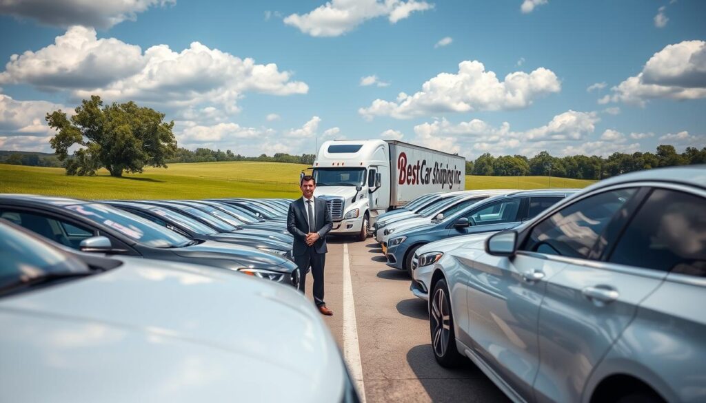 A serene vehicle delivery location, showcasing a row of pristine cars ready for transport in Ville Platte, Louisiana. In the foreground, a well-dressed professional in business attire stands confidently beside a gleaming vehicle, symbolizing trust and reliability. The middle ground features a clear pathway leading to a modern transport truck emblazoned with "Best Car Shipping Inc," reflecting professionalism. In the background, gentle green landscapes and a blue sky with fluffy clouds create a peaceful atmosphere. Soft, natural lighting bathes the scene, enhancing a sense of tranquility and assurance. Capture this idyllic setting from a slightly elevated angle to emphasize the organized space and instill a feeling of peace of mind in auto transport services.