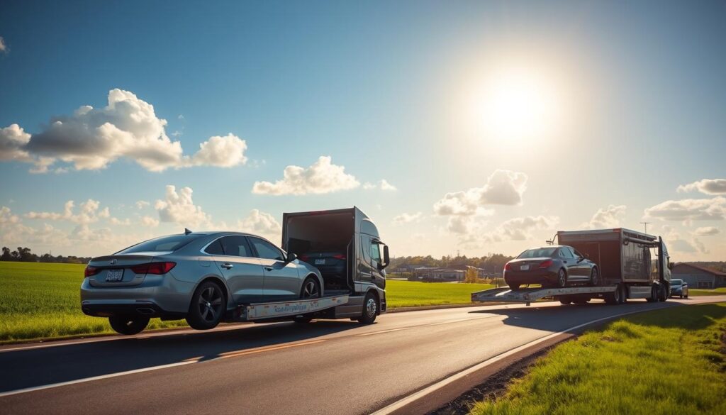 A serene view of a car transport truck on a rural road in Grambling, Louisiana, with vibrant green fields on either side. In the foreground, a sleek sedan is being loaded onto a professional car shipping truck branded with "Best Car Shipping Inc." The truck is showcasing multiple vehicles securely strapped down. In the middle ground, there is a small town skyline featuring recognizable local architecture, with a clear blue sky overhead filtering warm sunlight through fluffy white clouds. The camera angle is slightly elevated, capturing both the action of loading and the picturesque countryside. The atmosphere is one of professionalism and efficiency, emphasizing trust and capability in car shipping services. The setting conveys a sense of community and local charm while highlighting the transportation process. A serene view of a car transport truck on a rural road in Grambling, Louisiana, with vibrant green fields on either side. In the foreground, a sleek sedan is being loaded onto a professional car shipping truck branded with "Best Car Shipping Inc." The truck is showcasing multiple vehicles securely strapped down. In the middle ground, there is a small town skyline featuring recognizable local architecture, with a clear blue sky overhead filtering warm sunlight through fluffy white clouds. The camera angle is slightly elevated, capturing both the action of loading and the picturesque countryside. The atmosphere is one of professionalism and efficiency, emphasizing trust and capability in car shipping services. The setting conveys a sense of community and local charm while highlighting the transportation process.