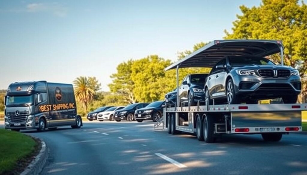 A serene yet professional depiction of vehicle shipping options in Blanchard, Louisiana. In the foreground, show a sleek car transporter truck with an open trailer loaded with modern vehicles, reflecting the brand name "Best Car Shipping Inc" prominently on the side. In the middle ground, include a variety of vehicle choices, such as sedans, SUVs, and classic cars, showcasing diversity in auto transport options. The background should feature the scenic Blanchard landscape, with lush green trees and a clear blue sky, creating a sense of tranquility. Use soft, natural lighting to enhance the mood, creating a welcoming atmosphere. The angle should be slightly elevated to capture the full essence of the scene without any distractions, ensuring a clean, professional appearance.