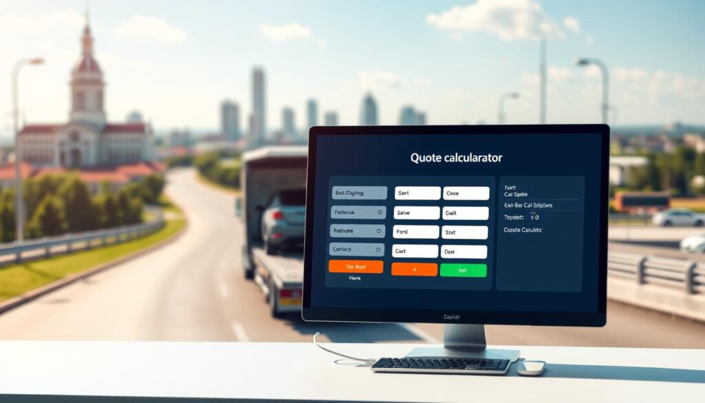 A sleek and modern digital illustration showcasing a user-friendly car shipping quote calculator interface. In the foreground, a computer screen displays an attractive and intuitive quote calculator, with vibrant buttons and forms inviting user interaction. The middle ground features a stylized view of a car being loaded onto a transport truck, symbolizing the car shipping process. In the background, a scenic view of St. Gabriel, Louisiana, with subtle hints of local landmarks, adds context. Bright and airy lighting emphasizes a professional and trustworthy atmosphere. The scene should convey efficiency and ease, with the brand name "Best Car Shipping Inc" subtly integrated into the design. The perspective should be a slightly angled bird’s-eye view, creating a dynamic composition that draws the viewer in. A sleek and modern digital illustration showcasing a user-friendly car shipping quote calculator interface. In the foreground, a computer screen displays an attractive and intuitive quote calculator, with vibrant buttons and forms inviting user interaction. The middle ground features a stylized view of a car being loaded onto a transport truck, symbolizing the car shipping process. In the background, a scenic view of St. Gabriel, Louisiana, with subtle hints of local landmarks, adds context. Bright and airy lighting emphasizes a professional and trustworthy atmosphere. The scene should convey efficiency and ease, with the brand name "Best Car Shipping Inc" subtly integrated into the design. The perspective should be a slightly angled bird’s-eye view, creating a dynamic composition that draws the viewer in.