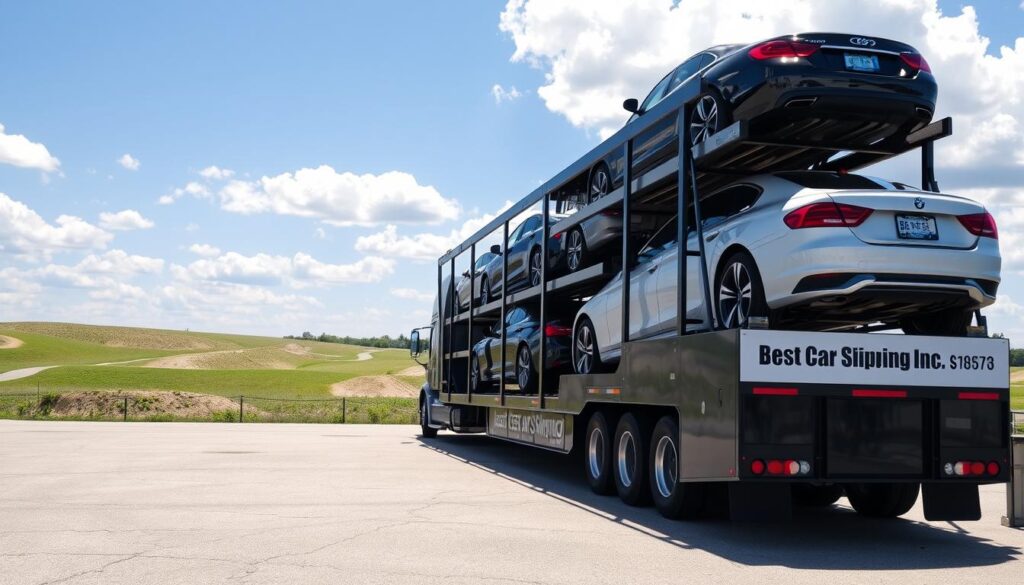 A sleek car carrier truck is parked in a sunny lot in Brandenburg, Kentucky, ready for car shipping operations. In the foreground, a handful of well-maintained vehicles, including sedans and SUVs, are loaded onto the multi-level transport trailer marked with the brand name "Best Car Shipping Inc." The middle ground features an open landscape with small rolling hills and green grass, reflecting the rural charm of the area. In the background, a clear blue sky with fluffy white clouds adds a serene atmosphere. The image captures a sense of reliability and professionalism in auto transport, with natural lighting illuminating the scene. Shot from a low angle to emphasize the truck and cars in detail, creating an inviting and trustworthy mood for potential customers.