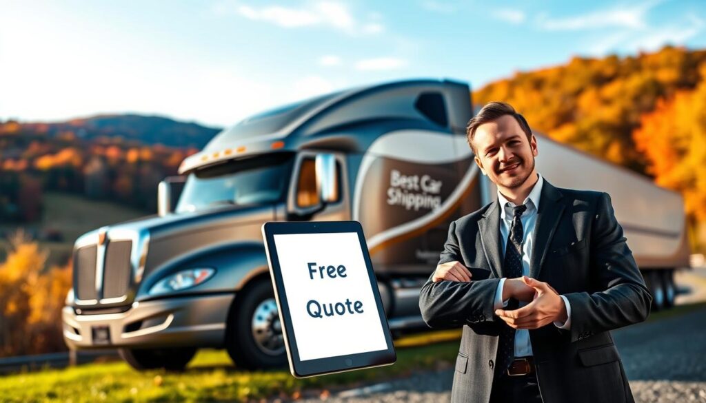A sleek car transport truck parked in a picturesque Sturgis, Kentucky setting, showcasing the vibrant autumn foliage of the region. In the foreground, a professional-looking individual in business attire stands next to the truck, gesturing towards a digital tablet displaying the words "Free Quote." The middle ground features the elegant design of the truck branded with "Best Car Shipping Inc," emphasizing reliability and expertise in auto transport. The background captures the scenic hills and blue skies of Sturgis, creating an inviting atmosphere. Soft, natural lighting enhances the overall appeal, highlighting the professionalism of the car shipping service. The angle is slightly elevated, providing a clear view of the transport truck and the representative, all in a warm and inviting mood.