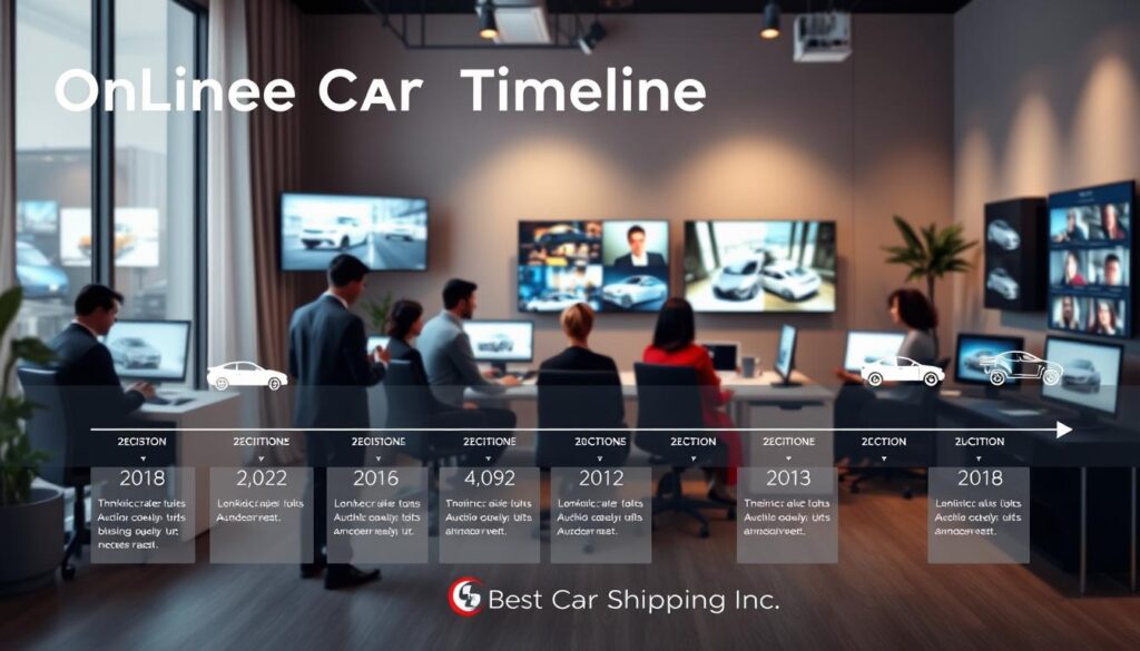 A sleek digital visualization of an "Online Car Auctions Timeline." In the foreground, a well-organized timeline with key milestones marked, such as registration, bidding, and auction closing dates, illustrated with elegant icons representing cars and computers. The middle layer features a diverse group of professionals in smart attire, engaging with their devices, analyzing and placing bids during a virtual auction. The background should depict a modern home office setup with soft lighting, highlighting screens displaying cars for auction and friendly faces. Incorporate a subtle tech-inspired graphic aesthetic to convey a sense of innovation. The entire scene should evoke a mood of excitement and competitiveness, reflecting the dynamic environment of online car auctions today. Include the brand name "Best Car Shipping Inc" subtly integrated into the design without text overlays.