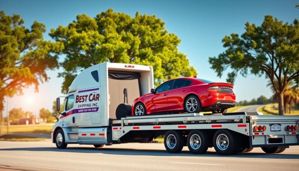 A sleek, modern auto transport truck branded with "Best Car Shipping Inc" is parked in the foreground, showcasing a shiny red car carefully loaded on the trailer. The truck is set against a sunny day in Cut Off, Louisiana, with lush green trees in the middle ground, suggesting a friendly, vibrant environment. In the background, the peaceful view of a local road and a clear blue sky enhance the sense of reliability and efficiency. Soft sunlight casts warm, inviting shadows, creating a sense of urgency and professionalism. The image captures a moment of dependable service, emphasizing speed and care in auto transport. The composition should be a dynamic angle, highlighting the truck’s details and the vibrant surroundings while ensuring a polished and professional atmosphere. A sleek, modern auto transport truck branded with "Best Car Shipping Inc" is parked in the foreground, showcasing a shiny red car carefully loaded on the trailer. The truck is set against a sunny day in Cut Off, Louisiana, with lush green trees in the middle ground, suggesting a friendly, vibrant environment. In the background, the peaceful view of a local road and a clear blue sky enhance the sense of reliability and efficiency. Soft sunlight casts warm, inviting shadows, creating a sense of urgency and professionalism. The image captures a moment of dependable service, emphasizing speed and care in auto transport. The composition should be a dynamic angle, highlighting the truck’s details and the vibrant surroundings while ensuring a polished and professional atmosphere.