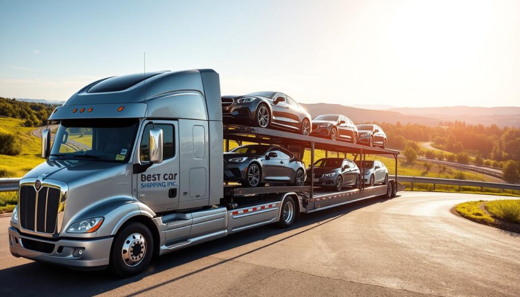A sleek, modern auto transport truck emblazoned with the logo "Best Car Shipping Inc" is positioned prominently in the foreground, showcasing its shiny exterior and well-maintained design. In the middle ground, various cars are securely loaded onto the transport vehicle, highlighting a range of makes and models to emphasize the versatility of auto transport services. The backdrop reveals a scenic view of Dawson Springs, Kentucky, featuring lush greenery and distant rolling hills under a bright blue sky, infused with warm, golden sunlight to create a welcoming atmosphere. The image captures a professional and trustworthy mood, conveying reliability in car shipping services, with a focus on efficiency and customer satisfaction. The composition is shot from a slightly elevated angle, providing a holistic view of the transport truck and its cargo.